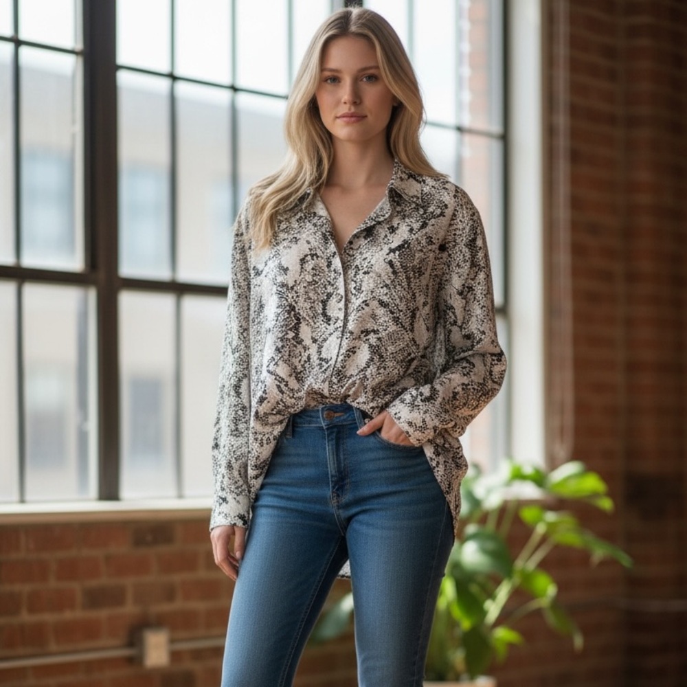 Calvin Klein Oversized Animal / Snake Print Long Sleeves Womens Shirt Top Size S